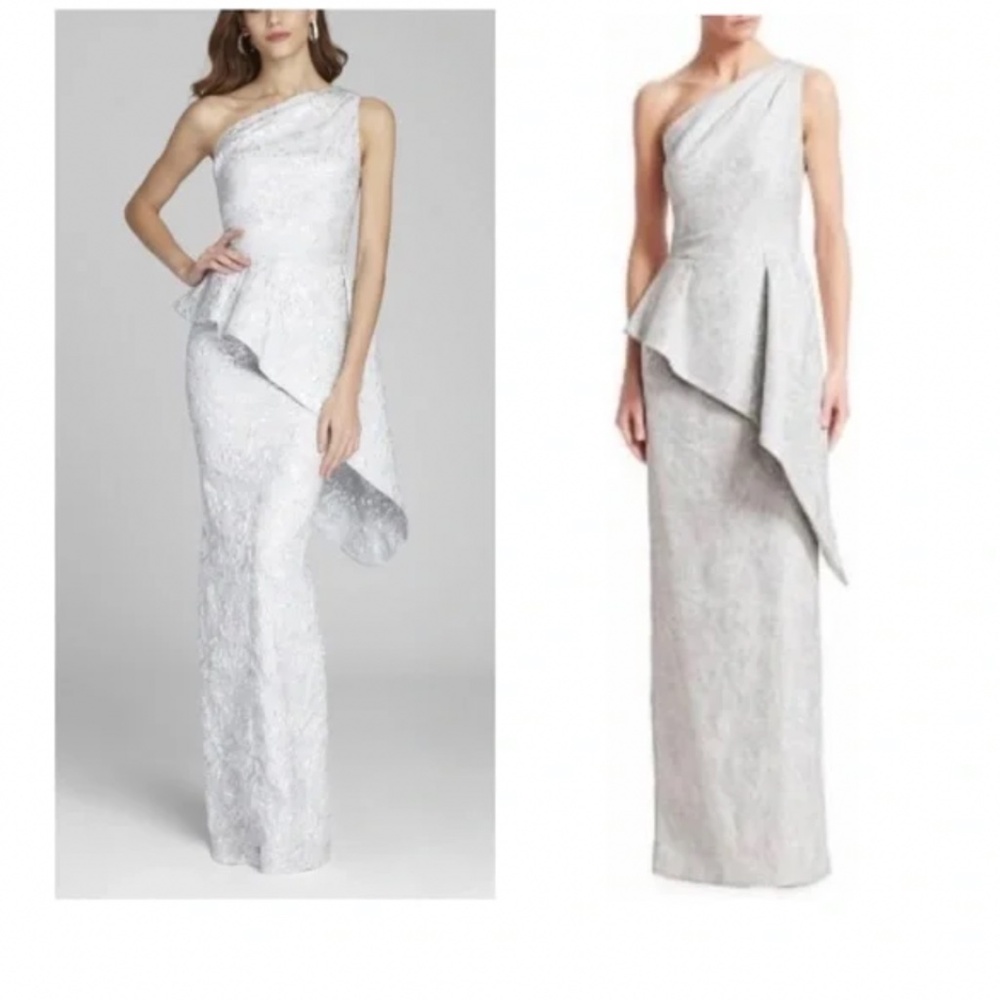Teri Jon by Rickie Freeman - white and silver one shoulder peplum gown